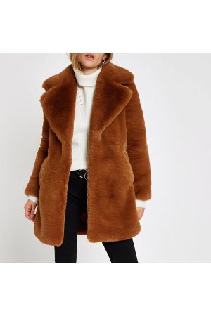 Brown faux fur longline coat