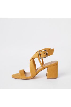 Yellow tie strap block heel sandals
