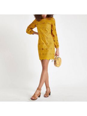 Dark yellow lace cut out swing dress