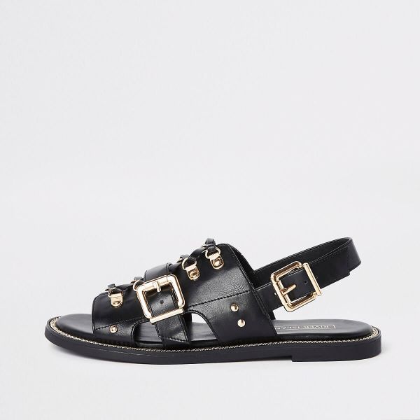 Black faux leather chain trim sandals