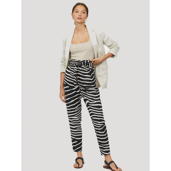 Linen-blend paper bag trousers ZEBRA PRINT